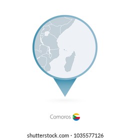 Map pin with detailed map of Comoros and neighboring countries.
