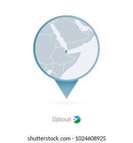 Map pin with detailed map of Djibouti and neighboring countries.