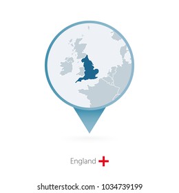 Map pin with detailed map of England and neighboring countries.
