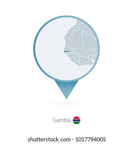 Map pin with detailed map of Gambia and neighboring countries.