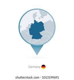 Map pin with detailed map of Germany and neighboring countries.