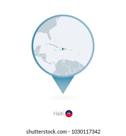 Map pin with detailed map of Haiti and neighboring countries.