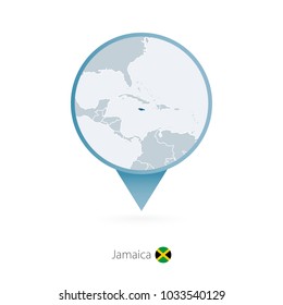 Map pin with detailed map of Jamaica and neighboring countries.