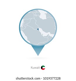Map pin with detailed map of Kuwait and neighboring countries.