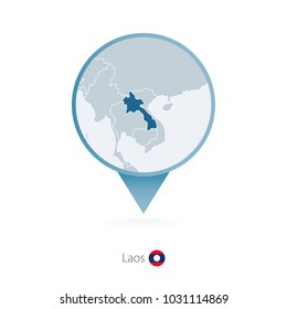 Map pin with detailed map of Laos and neighboring countries.
