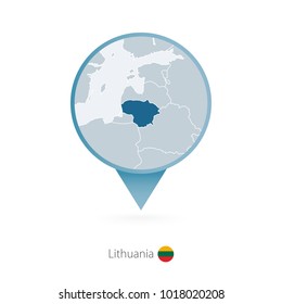 Map pin with detailed map of Lithuania and neighboring countries.