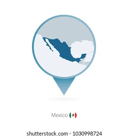 Map pin with detailed map of Mexico and neighboring countries.