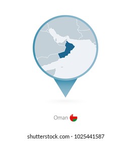 Map pin with detailed map of Oman and neighboring countries.