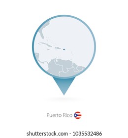 Map pin with detailed map of Puerto Rico and neighboring countries.