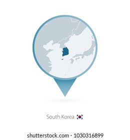 Map pin with detailed map of South Korea and neighboring countries.