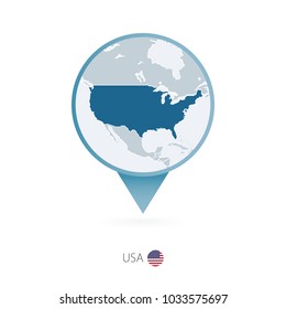 Map pin with detailed map of United States of America and neighboring countries.