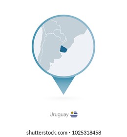 Map pin with detailed map of Uruguay and neighboring countries.