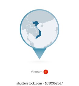 Map pin with detailed map of Vietnam and neighboring countries.