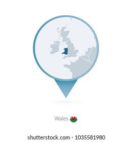 Map pin with detailed map of Wales and neighboring countries.