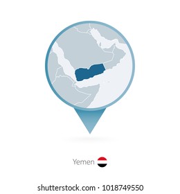 Map pin with detailed map of Yemen and neighboring countries.
