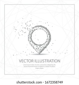 Map pin digitally drawn in the form of broken a part triangle shape and scattered dots low poly wire frame.