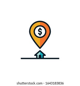 Map pin with dollar, pointer, pin of bank filled outline icons. Vector illustration. Editable stroke. Isolated icon suitable for web, infographics, interface and apps.