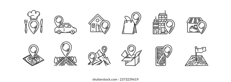 Map pin doodle icons. Set of restaurant, car service, office, store, home, hospital location. Mountain route trip. Hand drawn sketch vector illustration