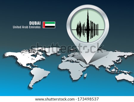 Map pin with Dubai skyline - vector illustration