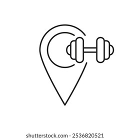 Map Pin with Dumbbell Line Icon. Fitness Location or Gym for Exercise and Training. Isolated Vector Illustration.