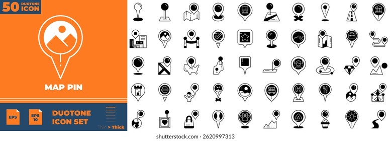 Conjunto de ícones editáveis do pin duotônico do mapa. Ilustração vetorial no estilo duotônico fino moderno de ícones de pinos de mapa: mapa, pino de mapa, gps, destino, etc