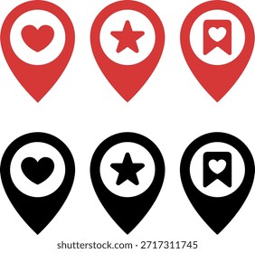 Conjunto de iconos favoritos de pin de mapa, puntero de ubicación con símbolos de estrella de corazón y marcador, Ilustración vectorial plana