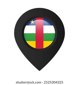 Alfinete com a bandeira da República Centro-Africana. Marcador de localização preto isolado em fundo branco