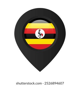 Alfiler de mapa con la bandera de Uganda. Marcador de ubicación negro aislado sobre fondo blanco