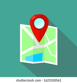 Map Pin Flat Design Icon Pointing On Urban City Map - Vector Illustration.