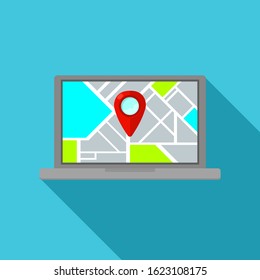 Map Pin Flat Design Icon Pointing On Urban City Map On Laptop Computer - Vector Illustration.