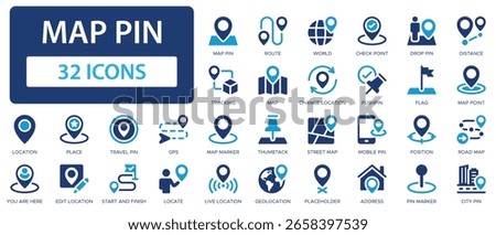 Map pin flat icons collection. Route, map, GPS, place, locate, street map, pushpin, flag, position, geolocation, pin marker, address sign set.