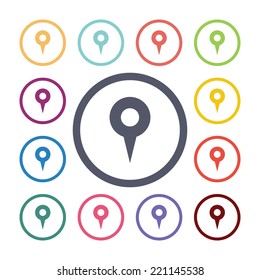 map pin flat icons set. Open round colorful buttons. Vector 