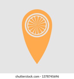 map pin fresh juice with orange . concept of nutrition, citric, pointer,