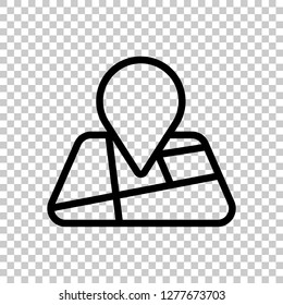 Map with pin, geo locate, outline linear icon. Black symbol on transparent background