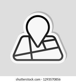 Map with pin, geo locate, outline linear icon. Sticker style with white border and simple shadow on gray background