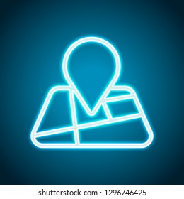Map with pin, geo locate, outline linear icon. Neon style. Light decoration icon. Bright electric symbol