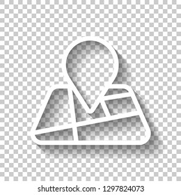 Map with pin, geo locate, outline linear icon. White icon with shadow on transparent background