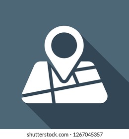 Map With Pin, Geo Locate, Pointer Icon. White Flat Icon With Long Shadow On Blue Background