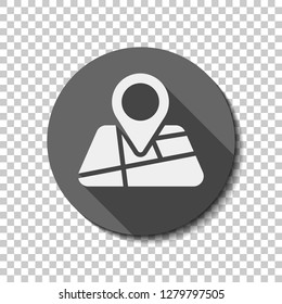 Map with pin, geo locate, pointer icon. flat icon, long shadow, circle, transparent grid. Badge or sticker style
