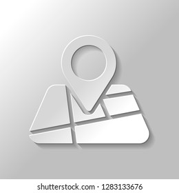 Map with pin, geo locate, pointer icon. Paper style with shadow on gray background