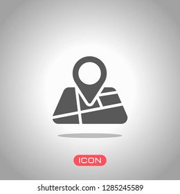 Map with pin, geo locate, pointer icon. Icon under spotlight. Gray background
