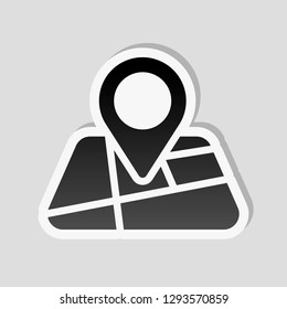 Map with pin, geo locate, pointer icon. Sticker style with white border and simple shadow on gray background