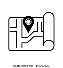 Map with pin, geo locate, pointer icon. Black icon isolated on a blank background. Can be edited and changed colors. 