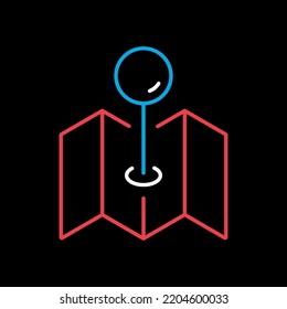 Map with pin, geo locate, pointer vector isolated on black background icon. Navigation sign. Graph symbol for travel and tourism web site and apps design, logo, app, UI