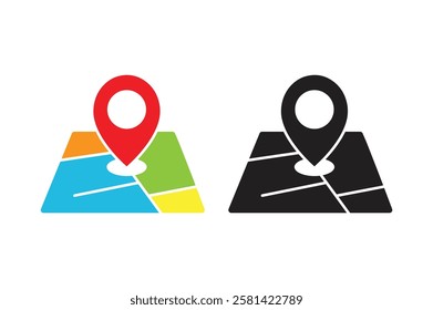 Map with pin, geo locate, pointer icon. Black icon on white background