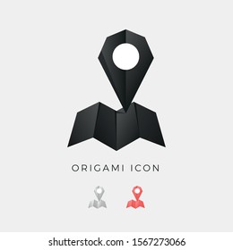 Mapa y símbolo geométrico de clavija - geolocalización, ubicación, gps, marcador, puntero, ruta, carretera, navegación, pictograma - Ilustración vectorial del icono de cristal de origami