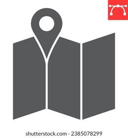 Mapa con icono de glifo de pin, navegación y viaje, icono del vector del mapa, gráficos vectoriales, símbolo sólido de trazo editable, eps 10.