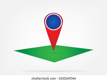 Map pin  GPS technology location destination pointer icon flat design vector illustrations. red and blue pin on green map white gray background with shadow