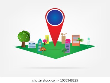 Map pin  GPS technology location destination pointer icon flat design vector illustrations. map pin mark on urban city space white gray background with shadow. cute cartoon colorful design