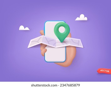 Map with pin. Green direction pointer on folded city map, gps navigation and travel location. 3D Web Vector Illustrations.